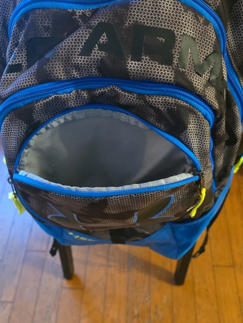 Under Armour Blue and Black Camo  Backpack with Neon Accents
